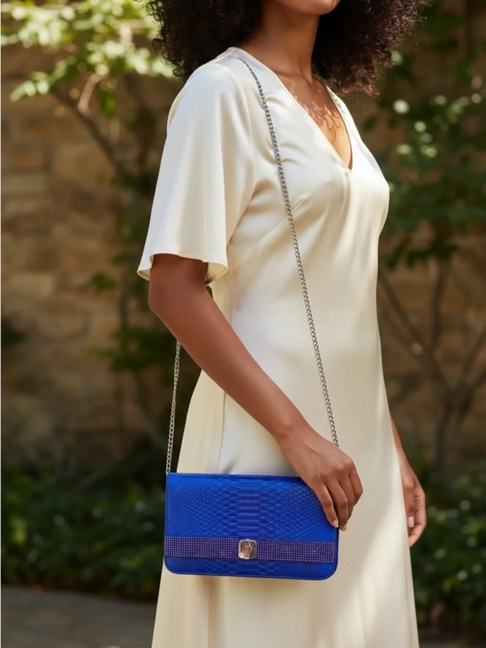 Christian Dior Python Clutch Blue Crystal Accent Chain Crossbody - Picture 4 of 5